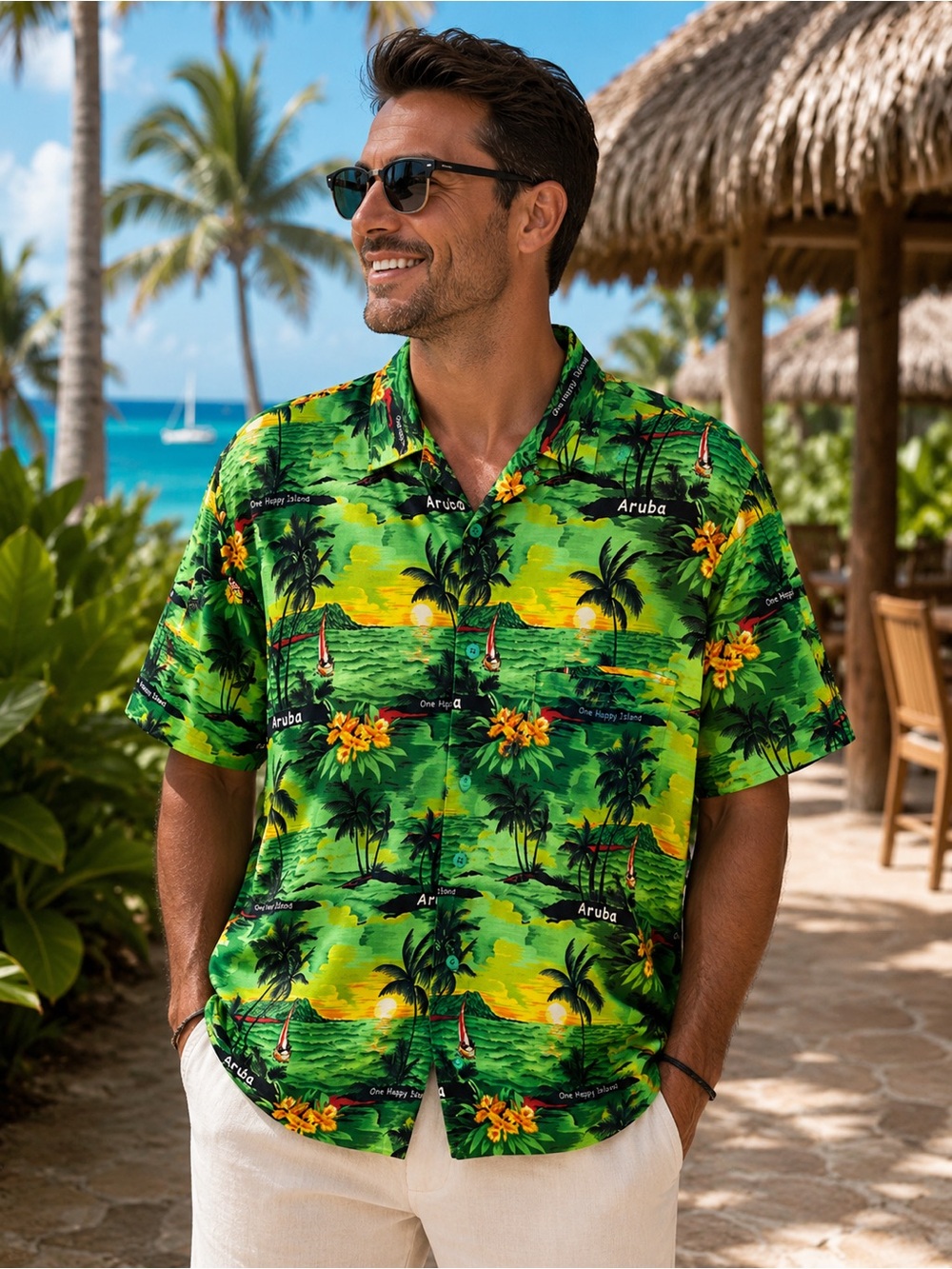 Rima Aruba Hawaiian Shirt XXL Green Tropical Palm Tree Island Aloha Camp Shirt